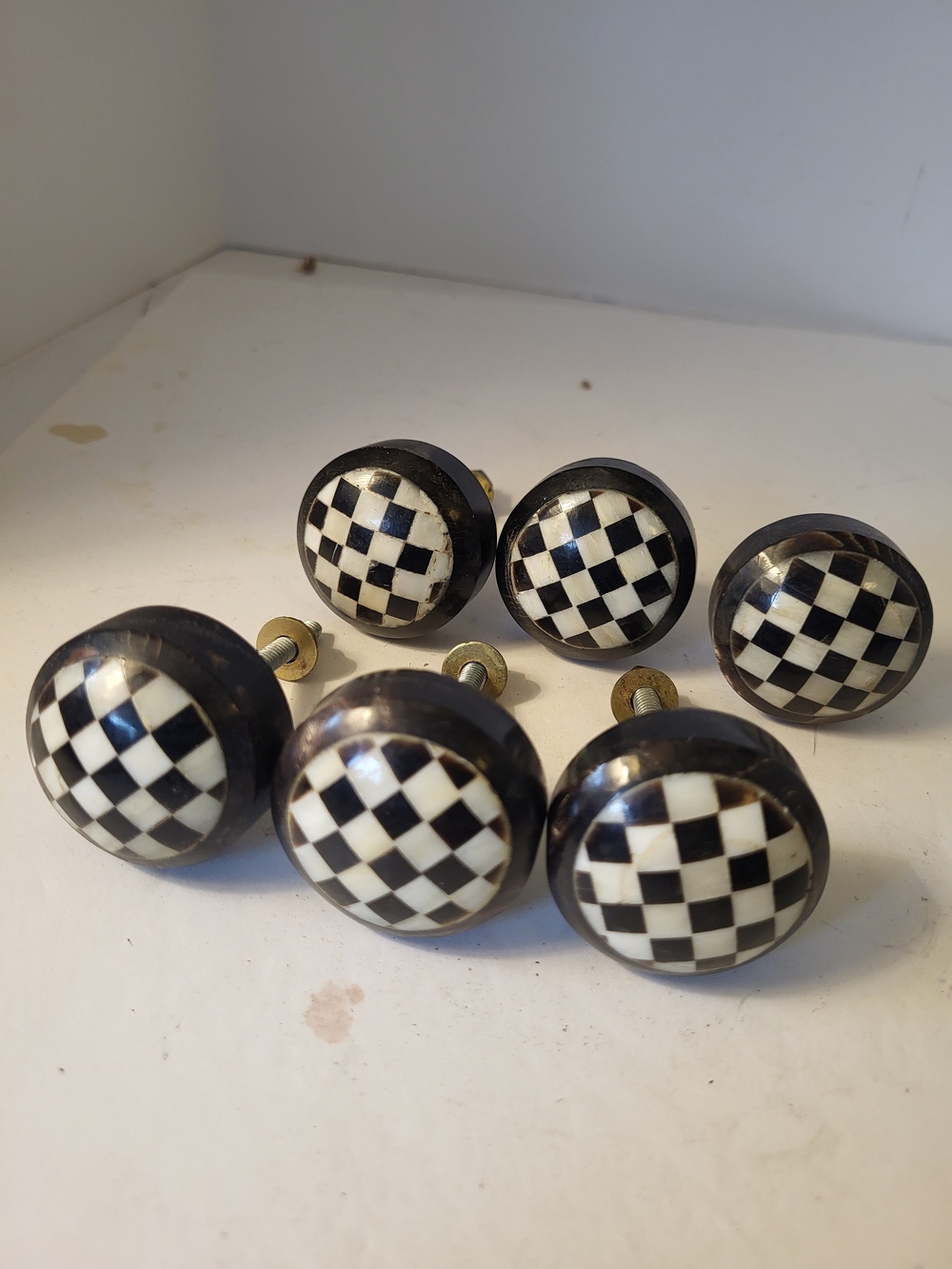 S/6 MacKenzie Childs Style Black & White Checkered Drawer Pulls Knobs